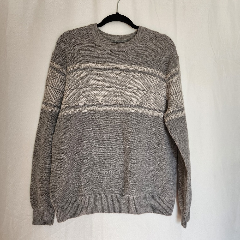Mens Croft & Barrow Crew Neck Cotton Blend Faire Isle Sweater Gray White Size L